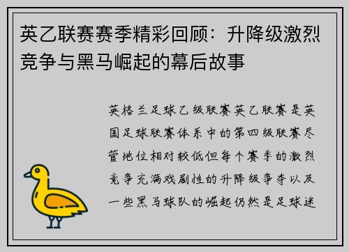 英乙联赛赛季精彩回顾:升降级激烈竞争与黑马崛起的幕后故事 英乙联赛赛季精彩回顾:升降级激烈竞争与黑马崛起的幕后故事