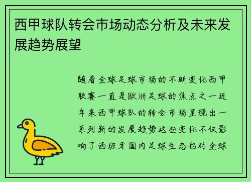 西甲球队转会市场动态分析及未来发展趋势展望